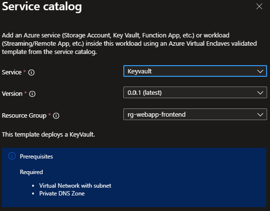 Screenshot showing the Key Vault template selected from the service catalog list.