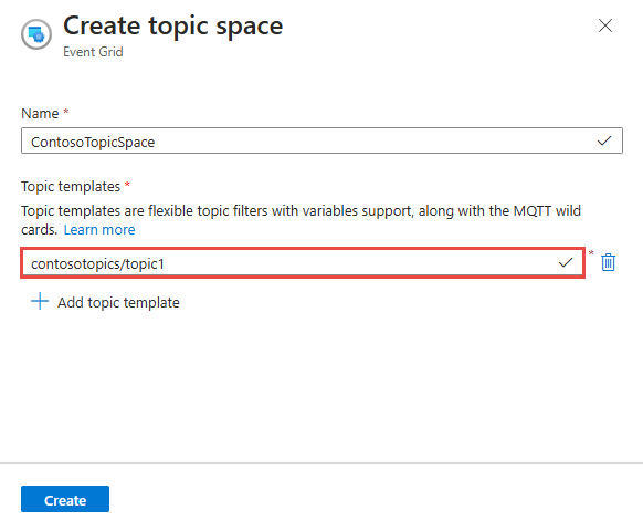 Screenshot of the topic space configuration in the Azure portal.