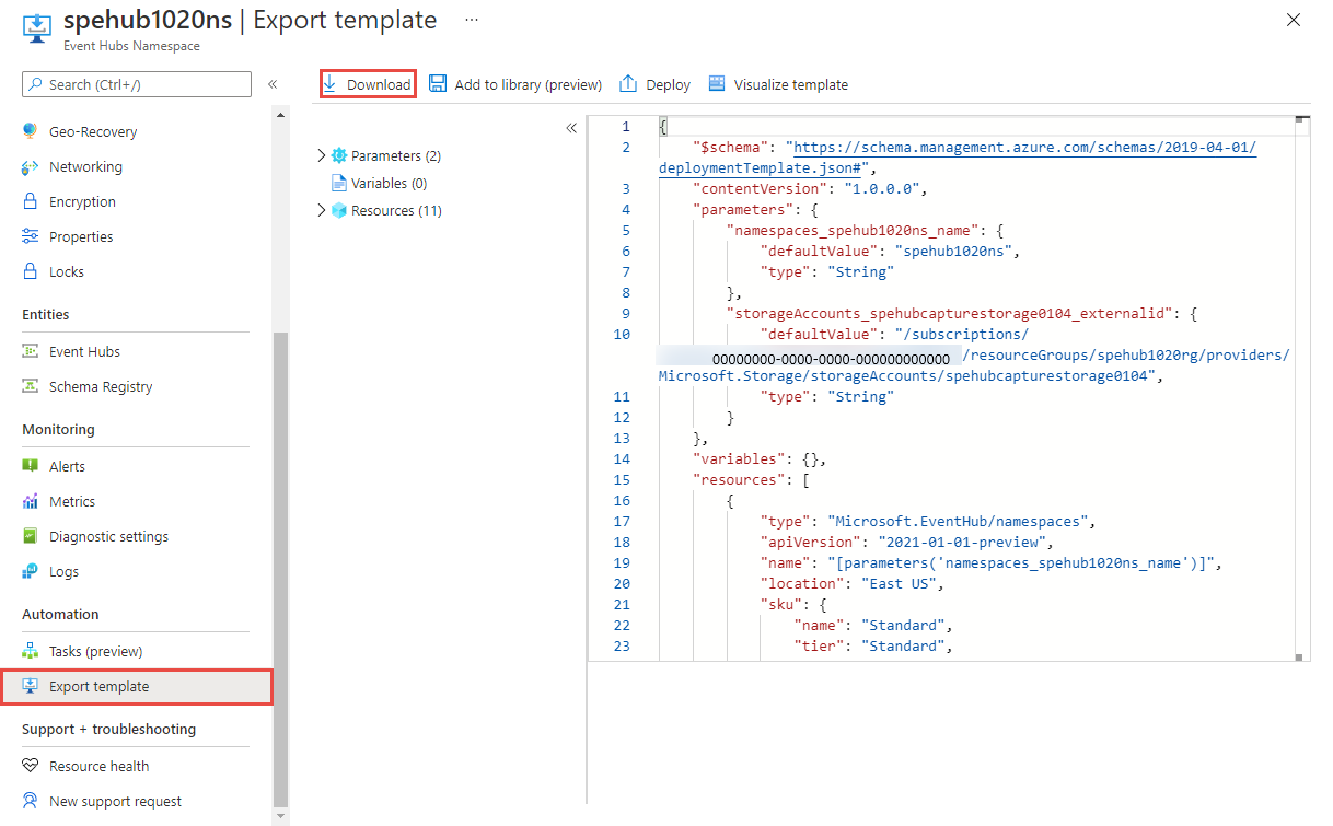 Screenshot showing where to download Resource Manager template.