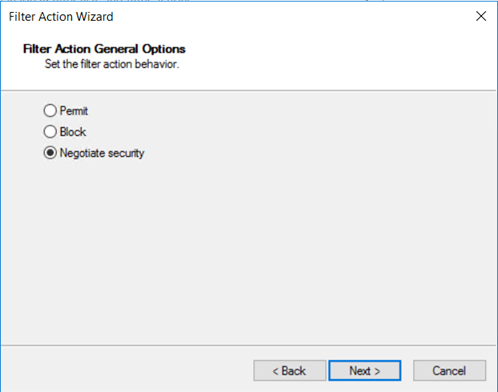 Screenshot of the negotiate security filter action settings.