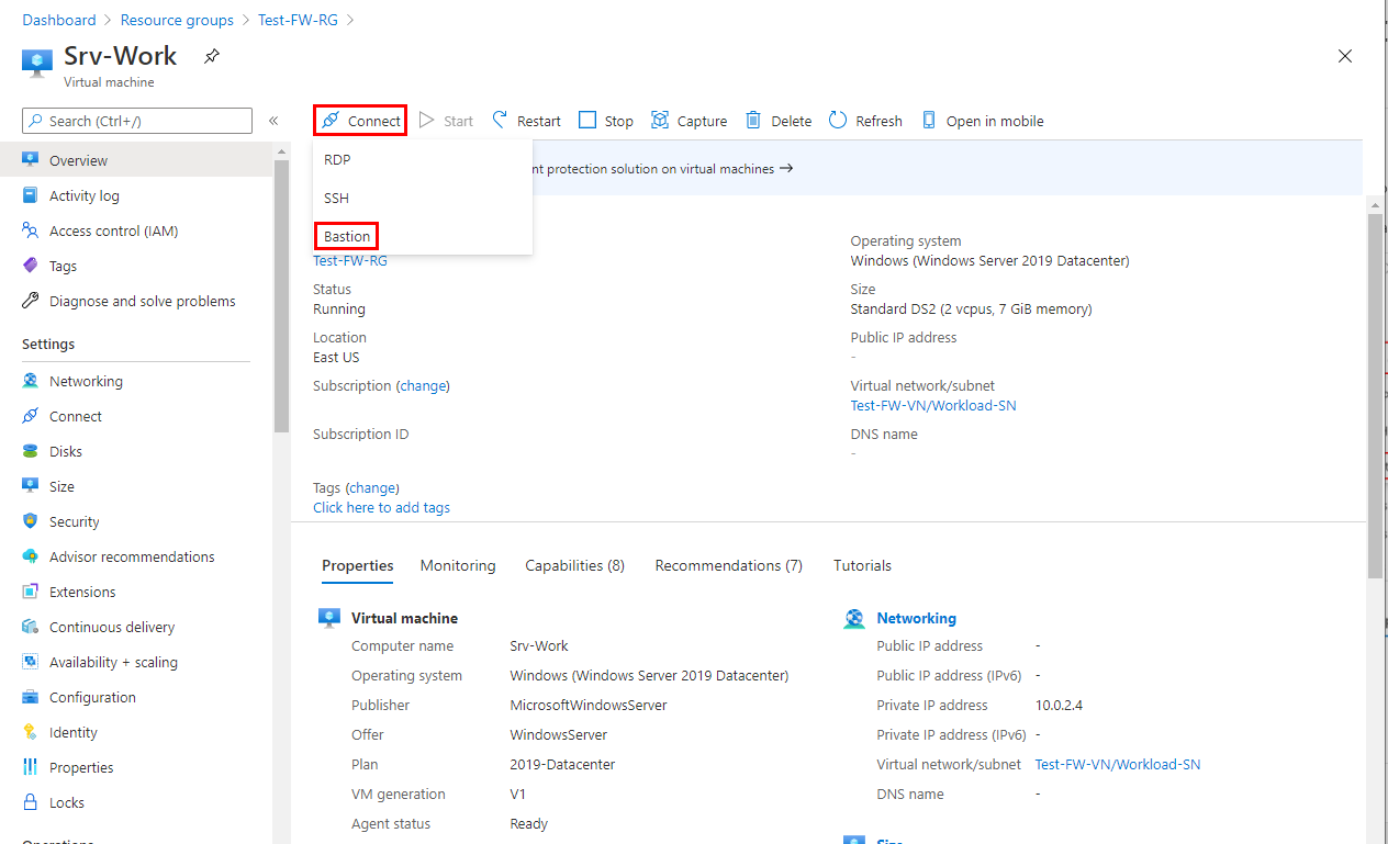 Screenshot showing connection to Srv-Work virtual machine using Azure Bastion.