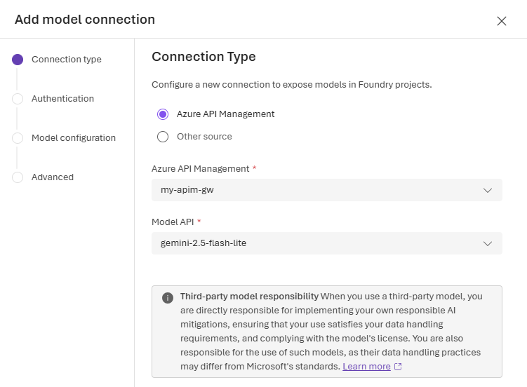 Screenshot of selecting an API Management resource in the Foundry portal.