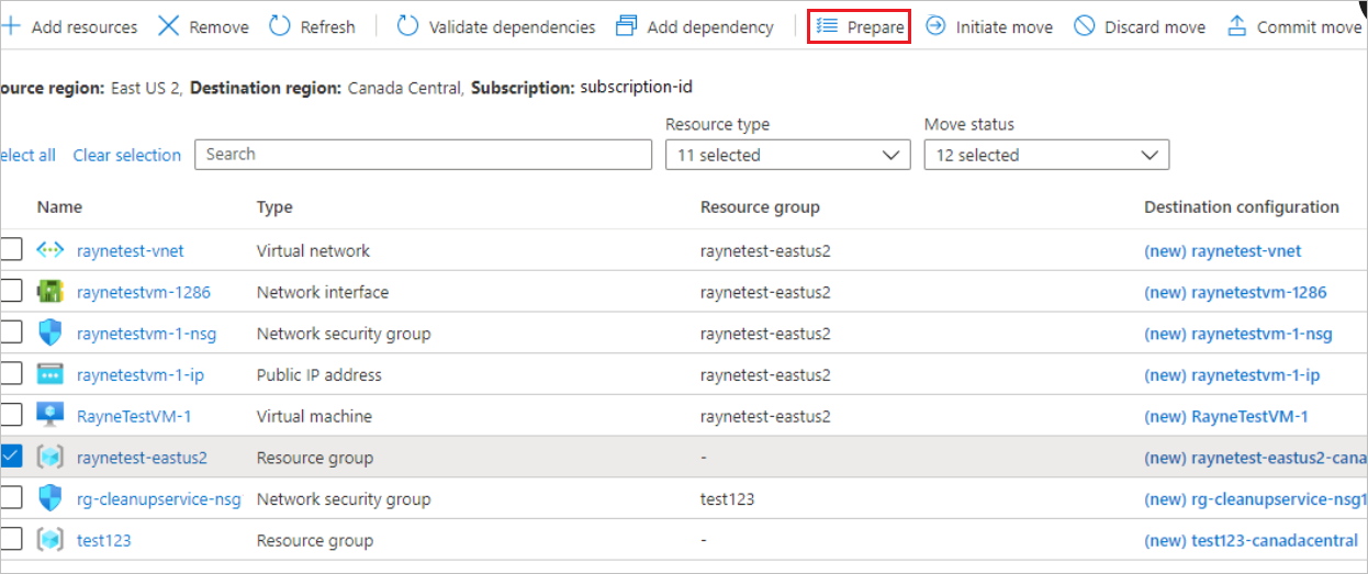 Button to prepare the source resource group