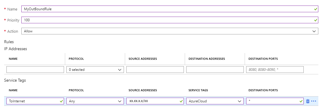 A screenshot of an Azure Firewall outbound connection rule for a public end point.