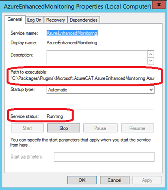 A screenshot of the properties dialog window of the Azure Enhanced Monitor service running the Azure VM extension for SAP.