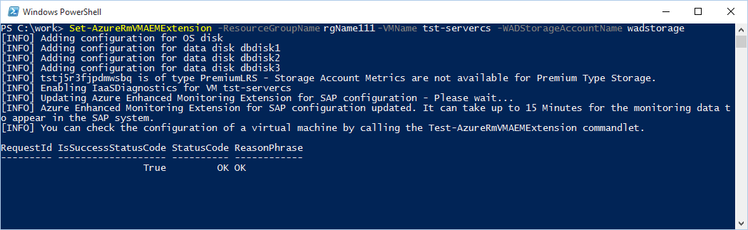 A screenshot of an Azure PowerShell script successfully installing the Standard VM extension.