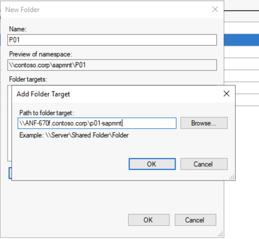 Screenshot of the DFS-N New Folder dialog for adding a folder to the namespace root.