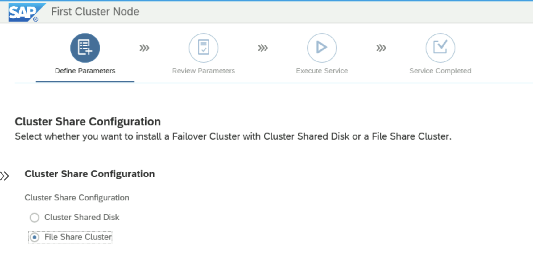 Screenshot of the SWPM selection screen for Cluster Share configuration option.
