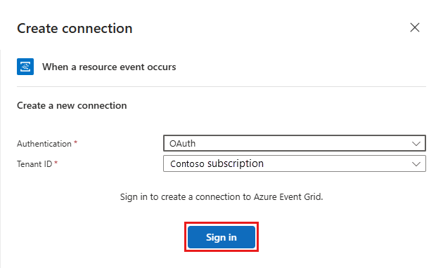 Screenshot that shows the Logic Apps Designer with the Sign in button selected.