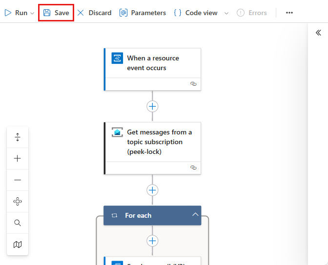 Screenshot that shows the Save button in the Logic app designed.