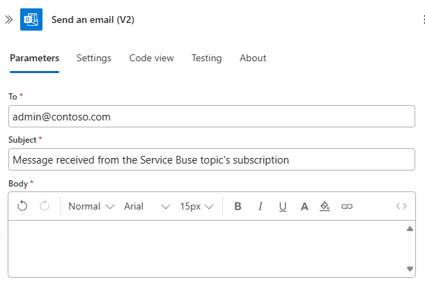 Screenshot that shows the expression for Body of the Send an email activity.