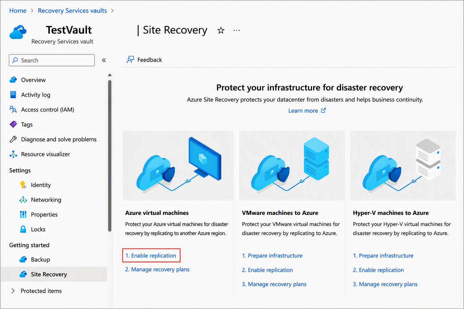 Screenshot showing selection to enable replication for Azure VMs.
