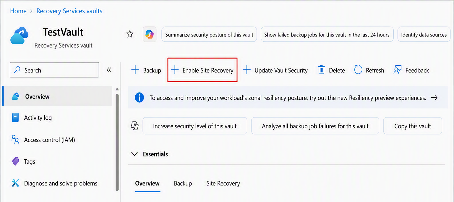 Screenshot of the Recovery Services vault overview with the Enable Site Recovery button highlighted in the toolbar.