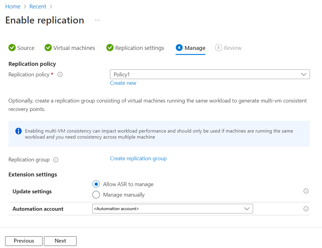 Screenshot showing manage tab and the available options.