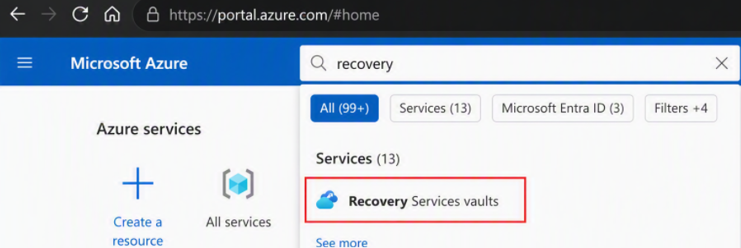 Screenshot of Recovery Services vaults option.