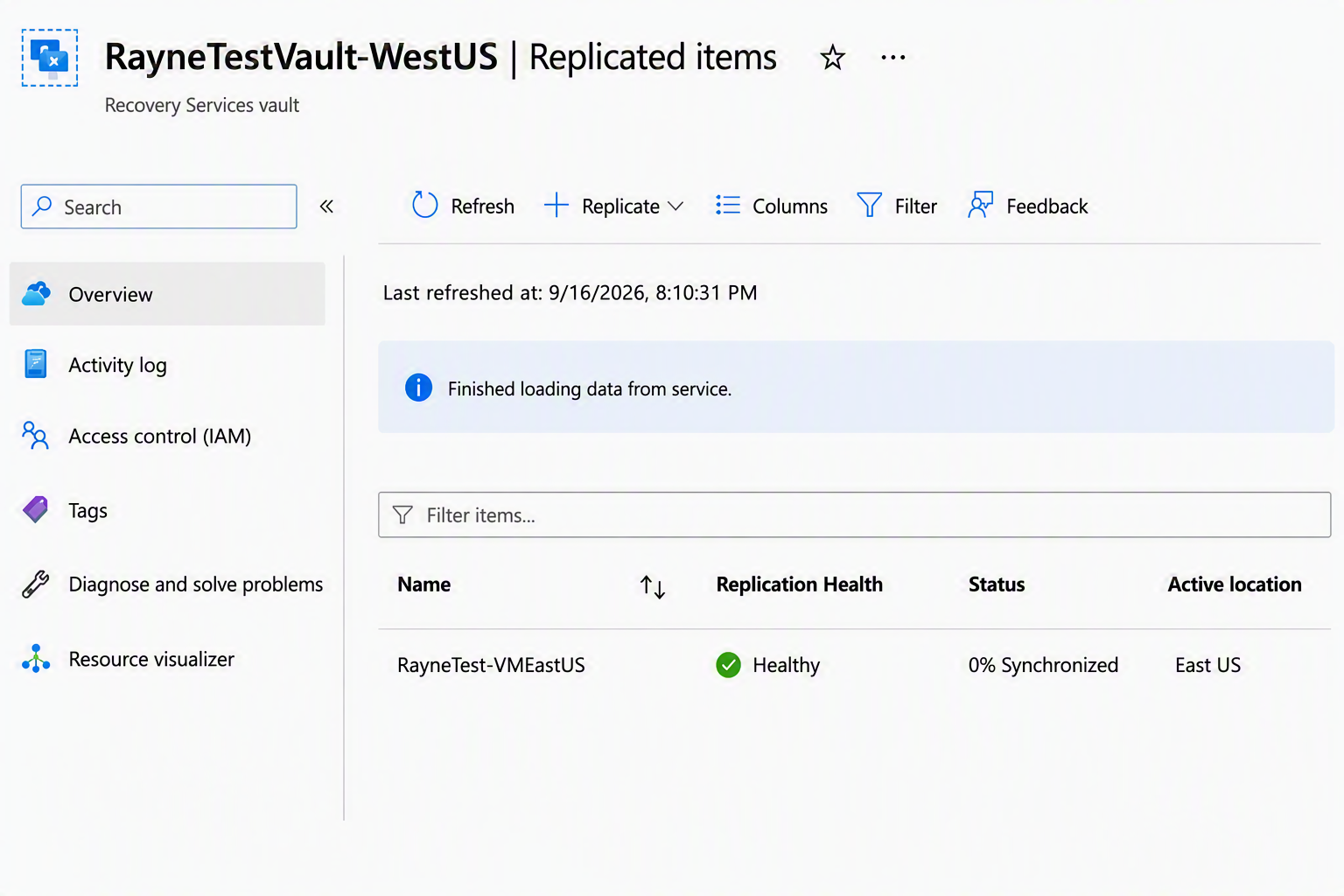 Screenshot of VM on the Replicated Items page.