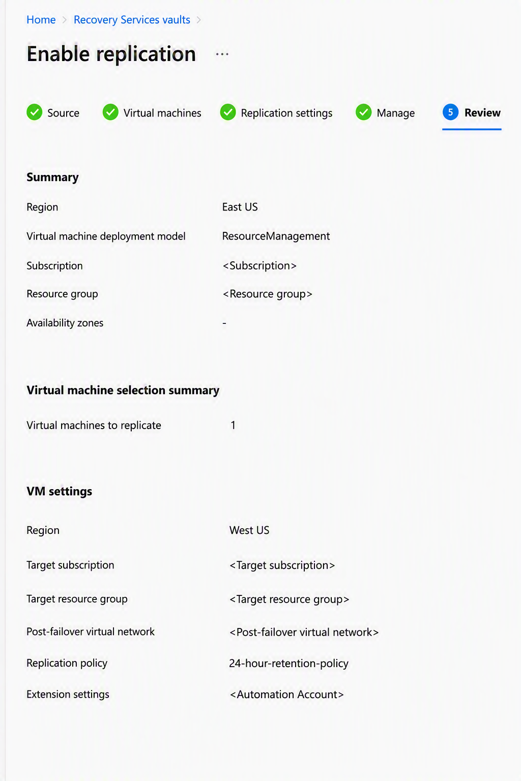 Screenshot showing the Review tab of Enable replication with the source, VM selection, and target VM settings summary.