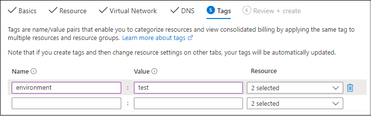 Screenshot showing how to optionally tag your private endpoint with name/value pairs for easy categorization.