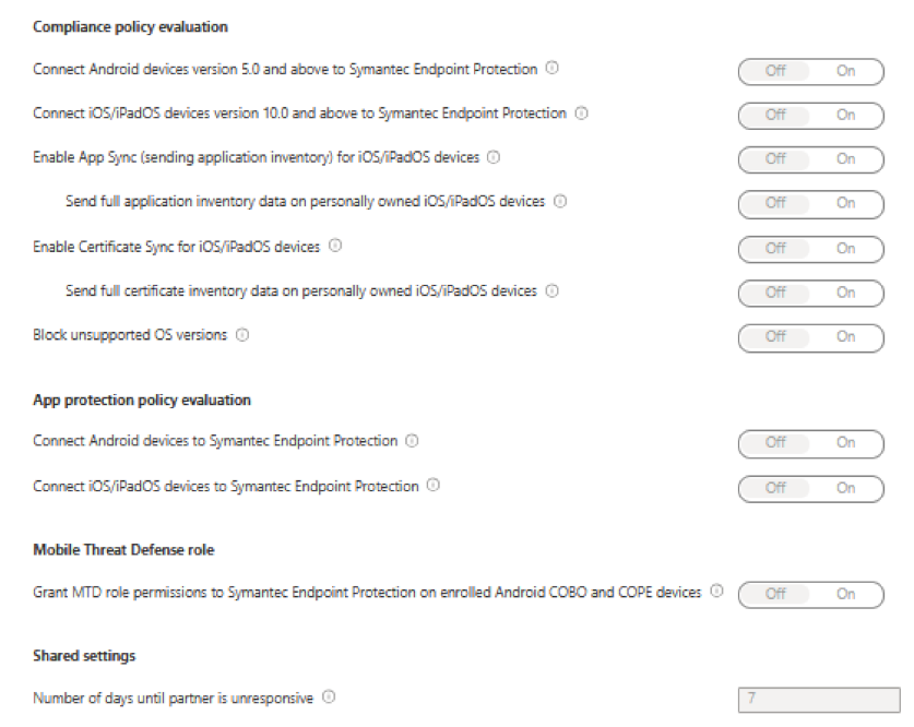Screenshot of the Add Connector pane for Symantec Endpoint Protection, showing toggle options for compliance policy evaluation, app protection policy evaluation, Mobile Threat Defense role, and shared settings.
