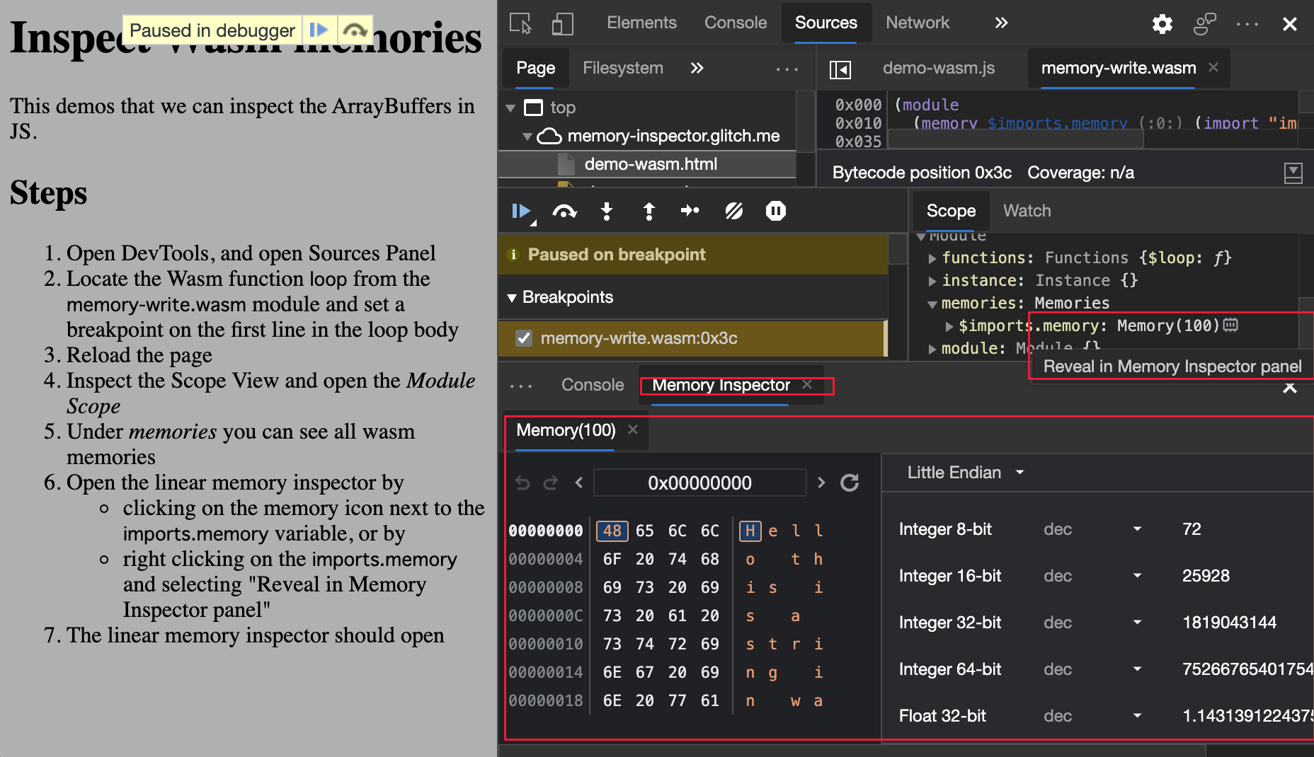 The Memory inspector tool