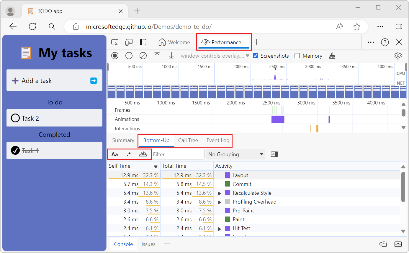 The 'Match Case', 'Use Regular Expression', and 'Match whole word' buttons in the Performance tool's Bottom-up, Call tree, and Event log tabs