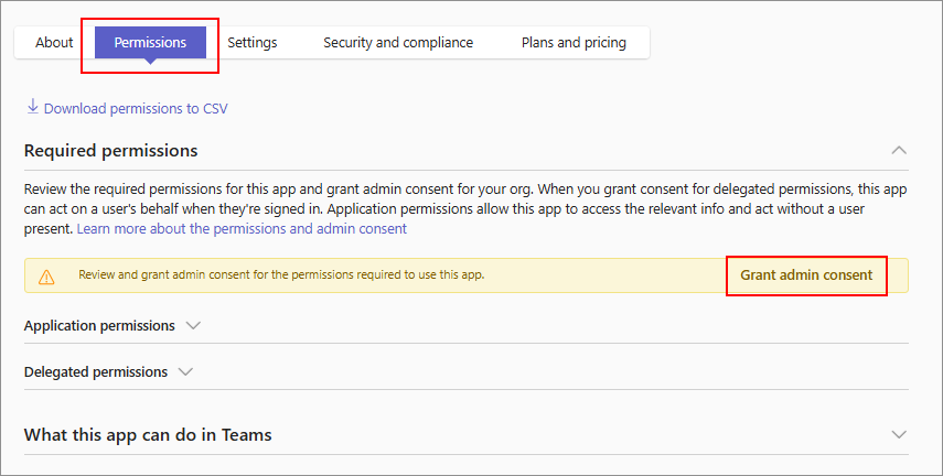 Screenshot showing the option to grant consent to Graph permissions requested an app.