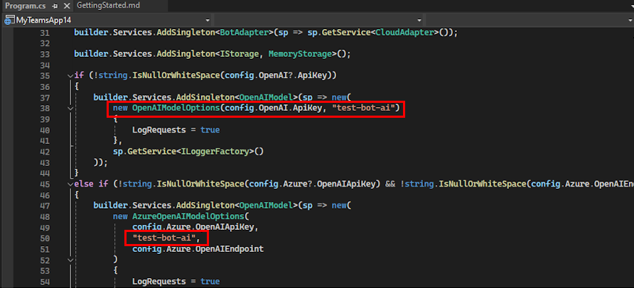 Screenshot shows the AzureOpenAI model deployment name updated.