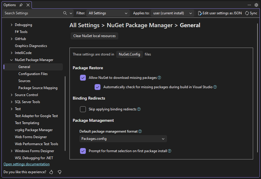 Screenshot that shows the NuGet Package Manager options.