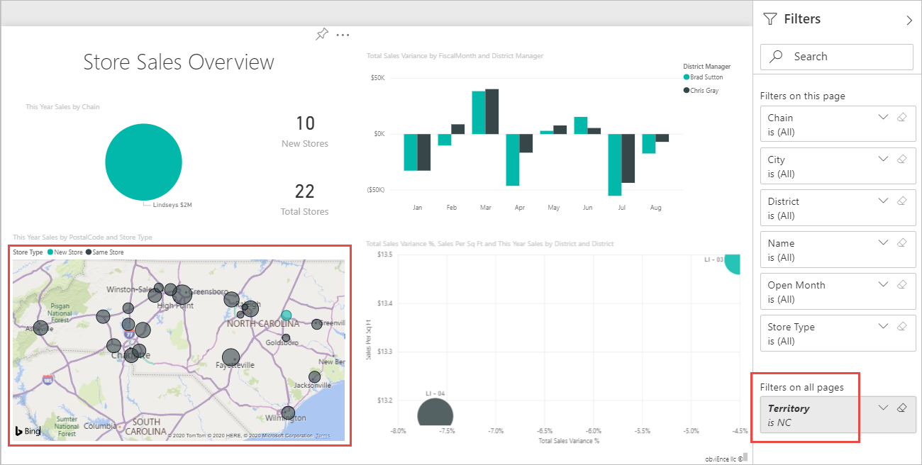 Screenshot of the Report in Power BI filtered for North Carolina.