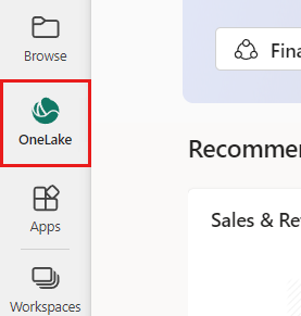 Screenshot that shows the OneLake catalog in the navigation pane.