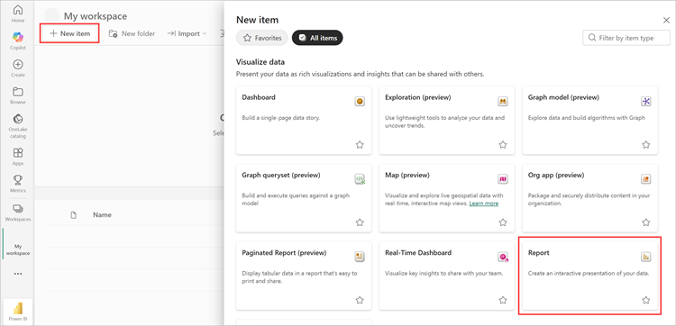 Screenshot of My workspace, highlighting the New dropdown menu and the New report option.