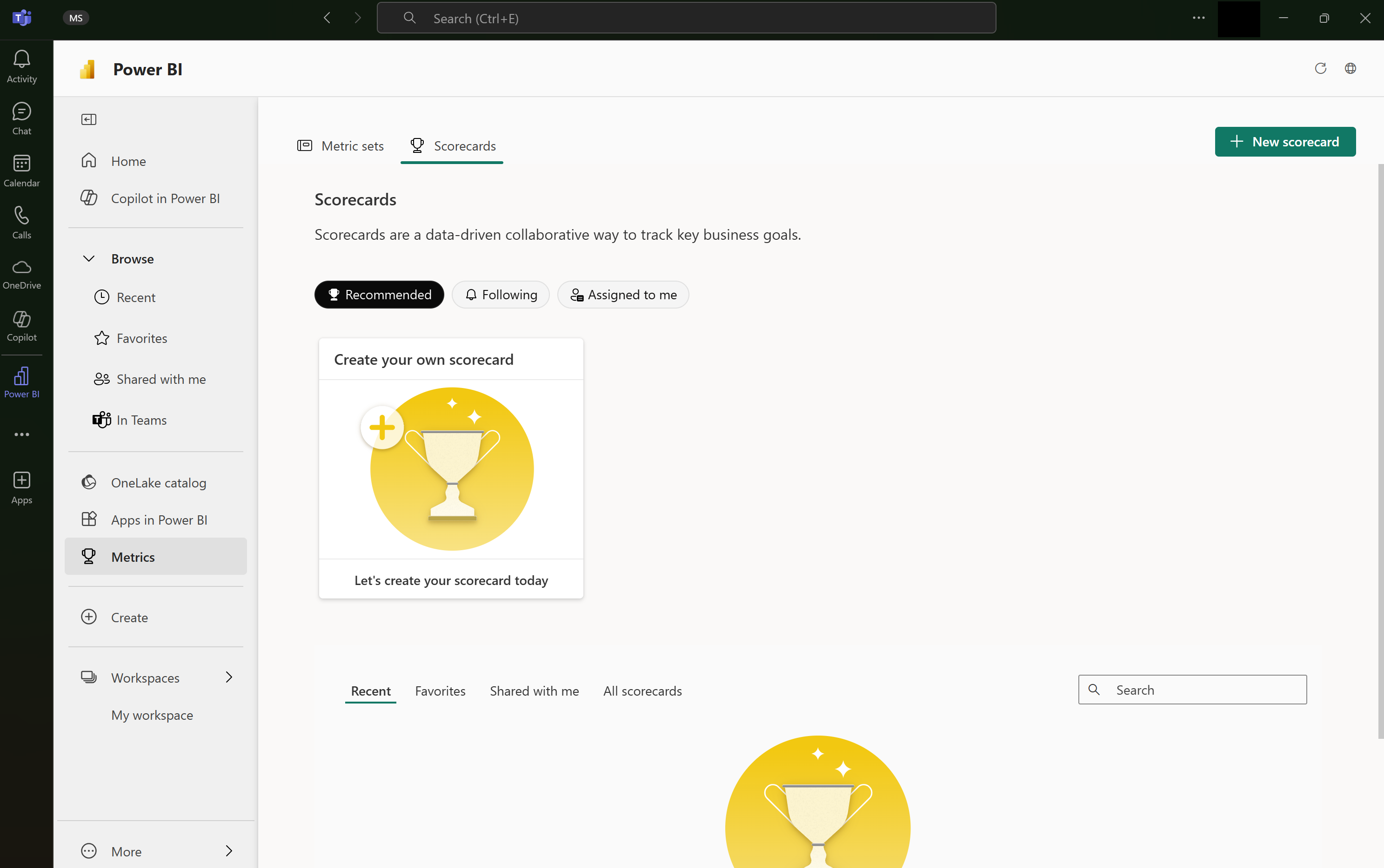 Screenshot of the metrics home hub in Power BI.