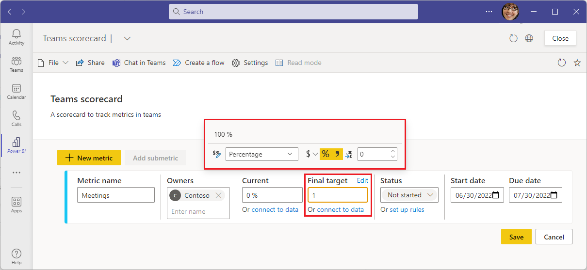 Screenshot of creating a metric by completing the needed values.