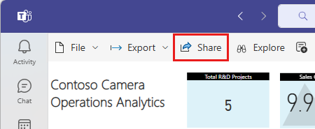 Screenshot of a Power BI report in a Teams meeting with the Share button highlighted.