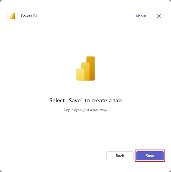 Screenshot of the dialog to save and add the new Power BI tab.