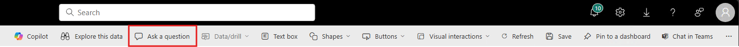 Screenshot that shows the Q&A question box in the report editor menu bar.
