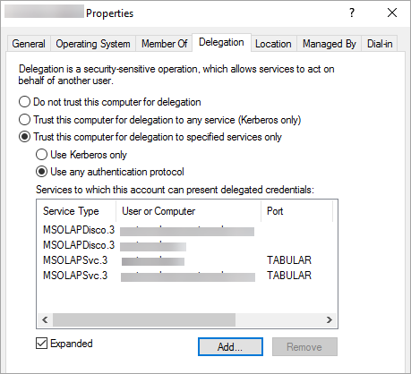Screenshot of the Delegation tab in the Properties window for Power BI Report Server configuration.