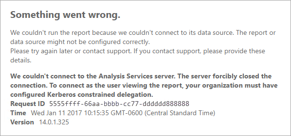 Screenshot of Power BI Report Server showing an error related to connecting to an Analysis Services server.