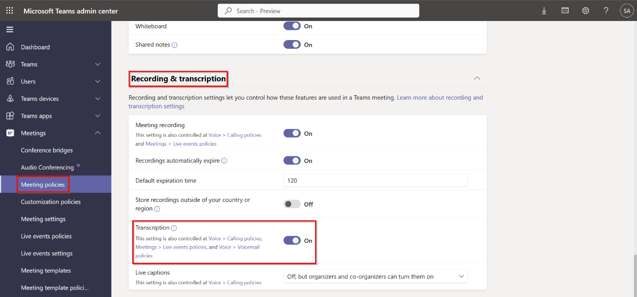 Screenshot showing how to enable transcription in Teams admin center 