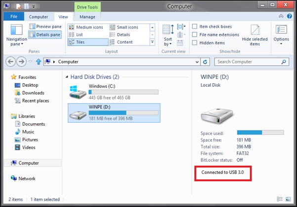 Screenshot that shows a superspeed U S B device selected in "Explorer" with a "Connected to U S B 3.0" message highlighted in the "Details" pane.