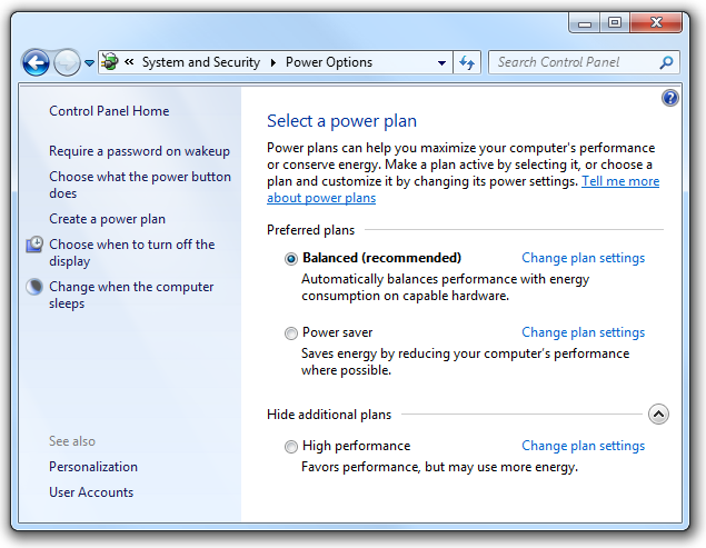 screen shot of power options hub page