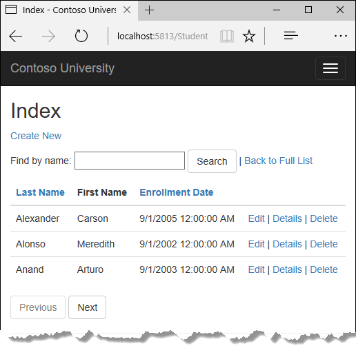 Students Index page