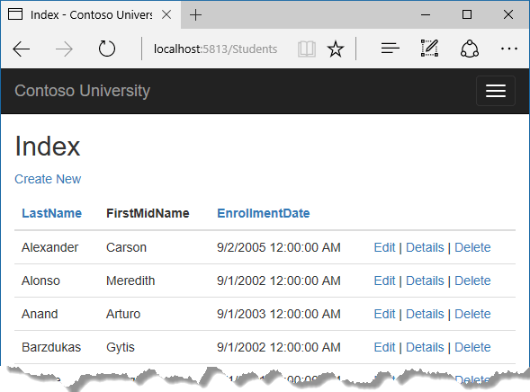 Students index page in name order