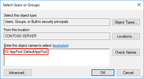 Select users or groups dialog for the app folder: The app pool name of "DefaultAppPool" is appended to "IIS AppPool" in the object names area before selecting "Check Names."
