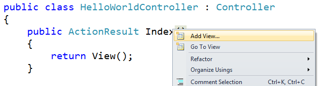 Screenshot that shows the parenthesis after Index highlighted. Add View is selected in the right click menu.