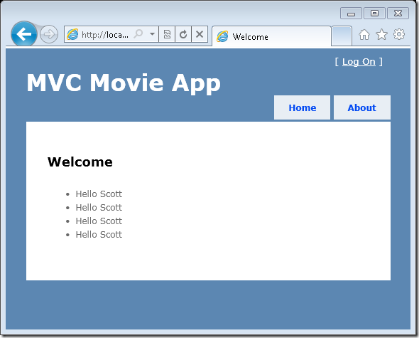 Screenshot that shows the Welcome page in the M V C Movie App.