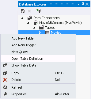 Screenshot that shows the Database Explorer window. Open Table Definition is selected in the Movies right click menu.