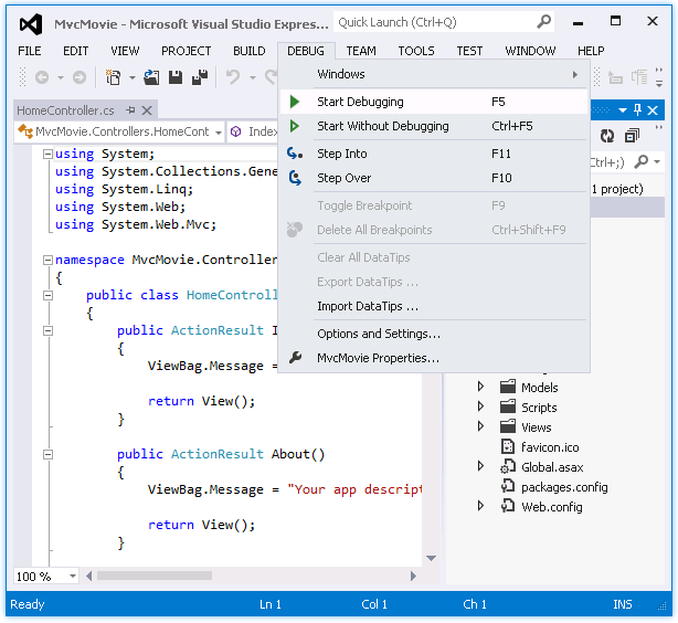 Screenshot that shows the A S P dot NET M V C project DEBUG dropwdown menu. The Start Debugging option is selected.