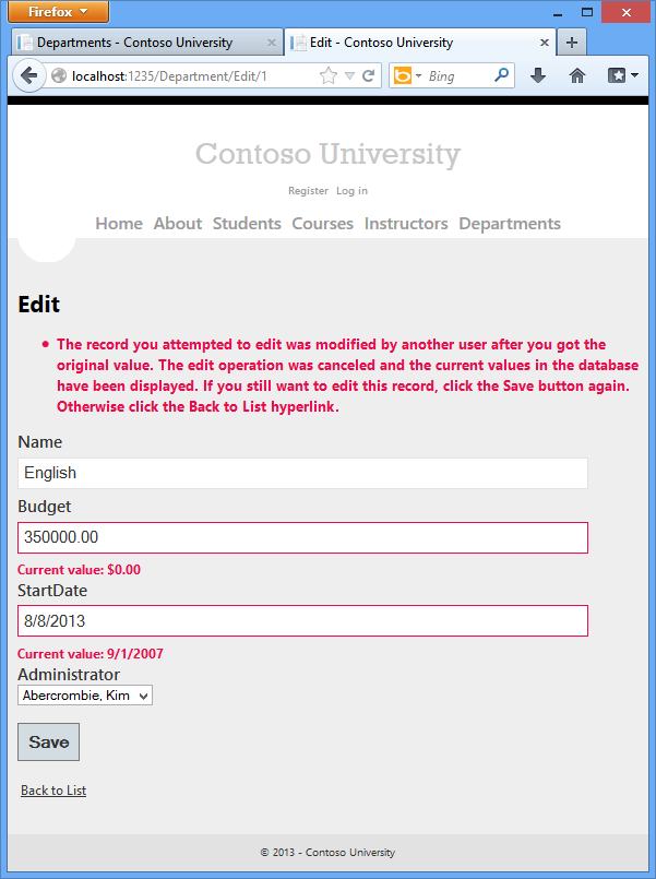 Screenshot shows the University page with an error message, ready for the user to select Save again.