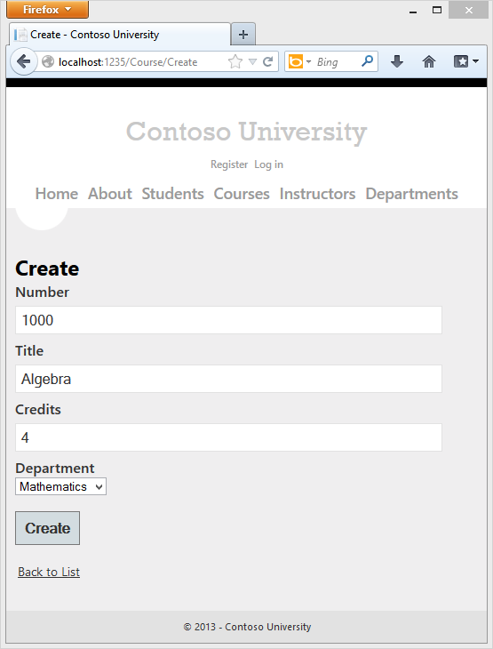 Screenshot that shows the Create Course page.